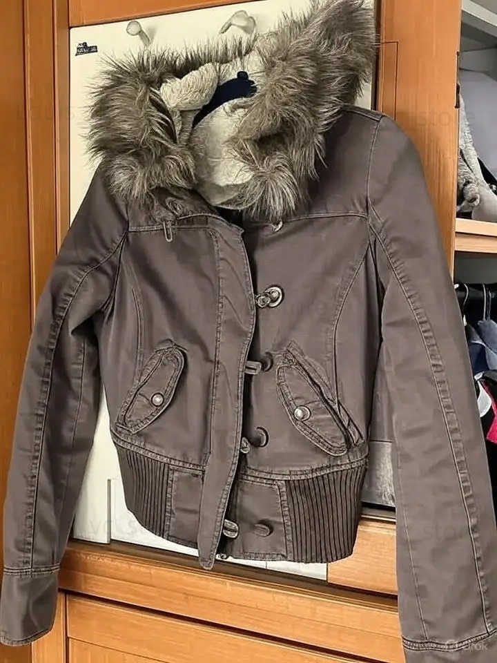 Vintage Fur Trim Hooded Bomber Jacket Womens Brown Zipper Coat with Sherpa Lining Ribbed Cuffs Y2K Winter Kp Warm Coats T251124