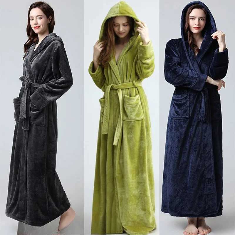Extra Long Winter Coral Fleece Bathrobe Women Hooded Warm Kimono Bath Robe Cozy Kimono Shower Robes Loose Peignoirs Nightgown C251124-image-1085913590