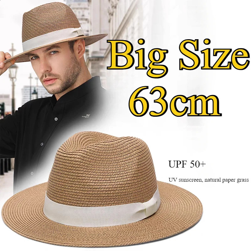 XL large size 63CM summer beach womens sun hat mens plus size jazz UV UPF 50sun protection travel Panaman straw hat unisex 250423
