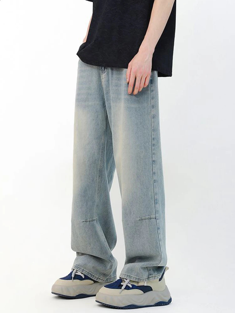 Baggy Korean jeans mens personalized Y2k pants fashionable straight casual retro denim Trouser street clothing blue 250409Z