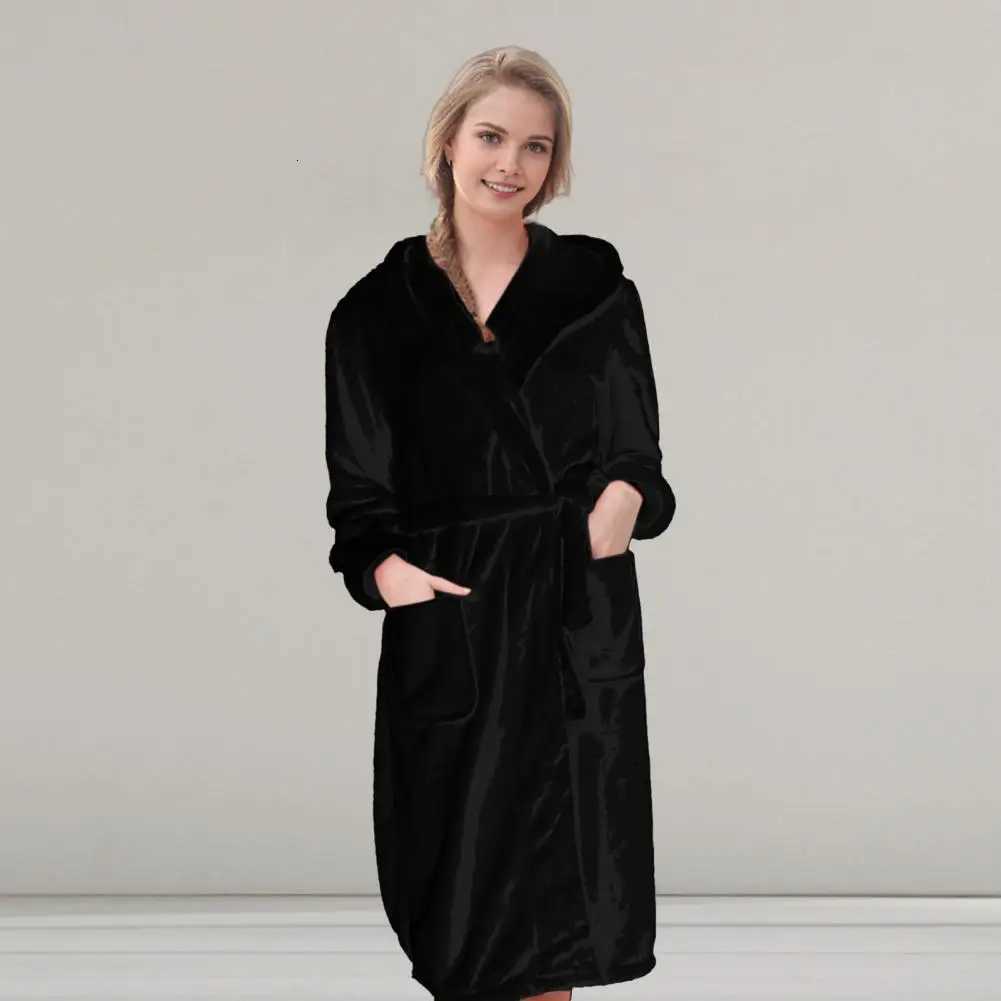 Couple Winter Nightgown Thick Fleece Warm Lace Up Waistband Hooded Pockets Mid Length Lady Homewear Spa Bathrobe Pajamas C251124-image-1085913616