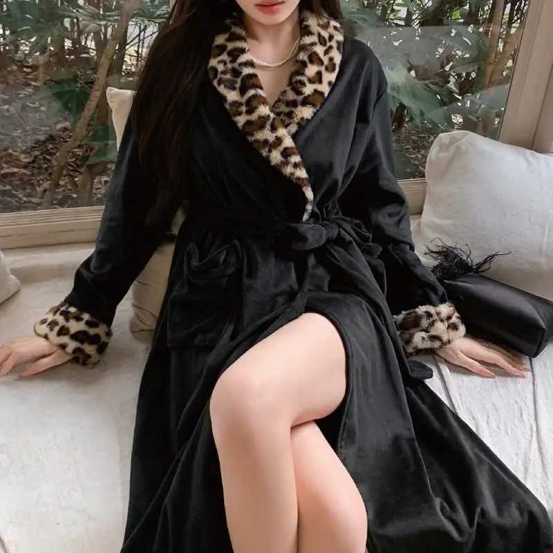 Luxury Leopard Print Robe Sleepwear Autumn Winter Flannel Nightgown Womens Sexy Warm Bathrobe Kimono Gown Home Dress Loungewear C251124-image-1085912811