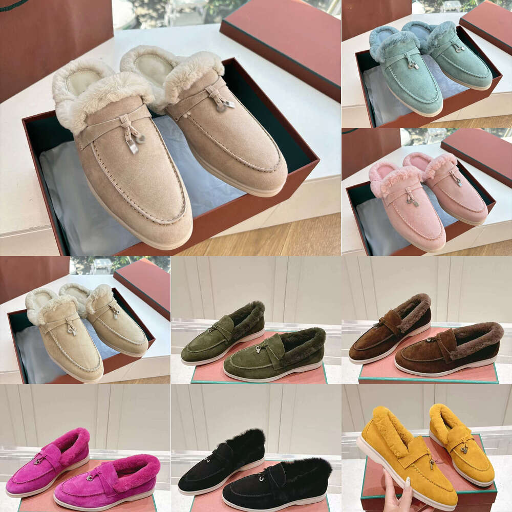 Luxury loafer womens mule clog sandal Designer shoe Round Toe Flat Suede leather warm winter Mule sabot Retro fluffy Furry Slippers fur slide loafer
