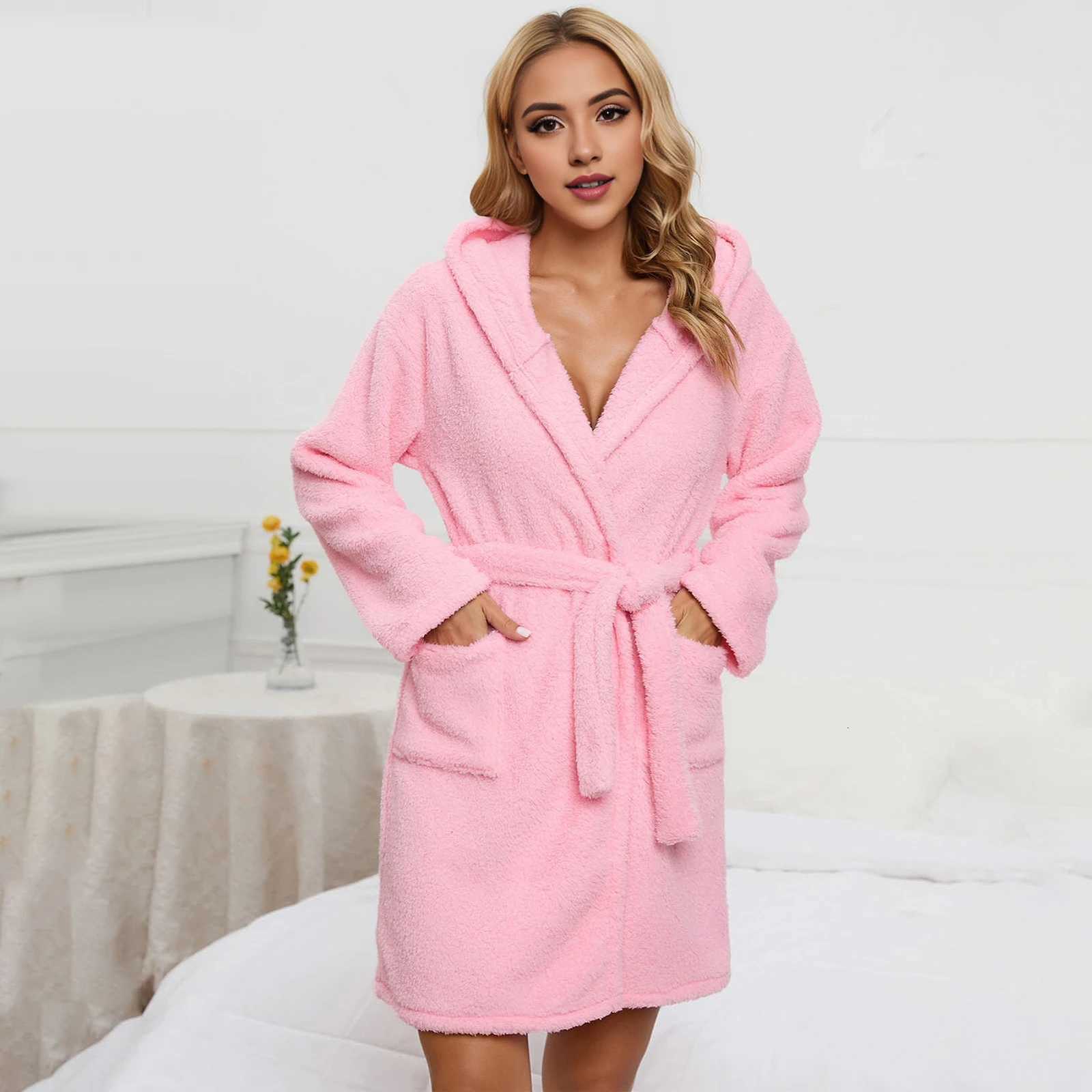 Women Solid Hooded Robe Coral Velvet Bathrobe Cute Warm Robe Flannel Kimono Bath Robe Dressing Gowns Sleepwear C251124-image-1085913570