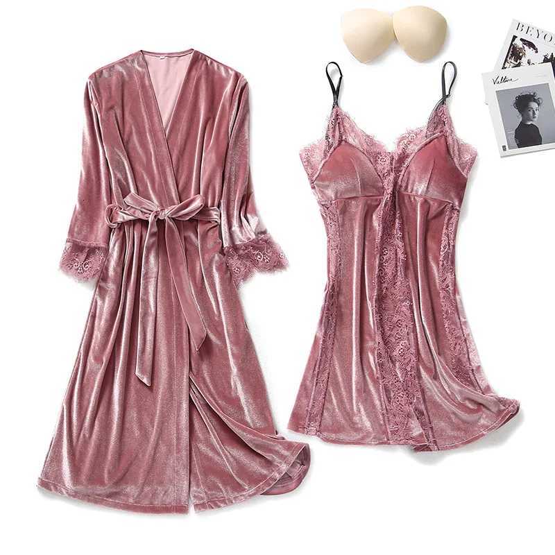Autumn Winter Velvet Twinset Robe Set Women Sleepwear Sexy Patchwork Lace Nightgown Kimono Bathrobe Gown Loose Velour Home Dress C251124-image-1085913673