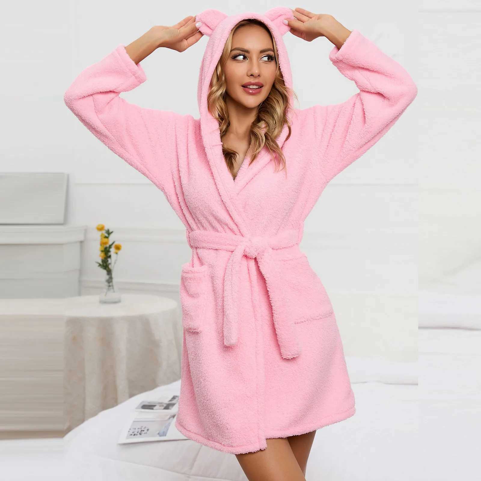 Womens Fashion Fall/Winter Fluffy Nightgown Plush Sleepwear with Ears Pockets Casual Home Pajamas with Belt Homewear Bathrobe C251124-image-1085913205
