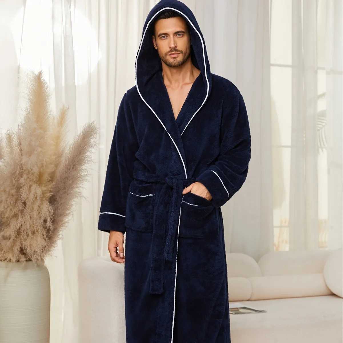 Mens Autumn/Winter New Style Comfortable Cotton Flannel Robe Luxury Open-Front Couples Robe Mens Warm Bathrobe Nightwear C251124-image-1085912986