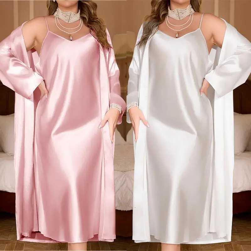 Women Big Size 3Xl 4Xl 5Xl Robe Set Bride Wedding Dress Bathrobe Gown Sexy Spaghetti Strap Pajamas 2Pcs Nightgown Lingerie C251124-image-1085913144
