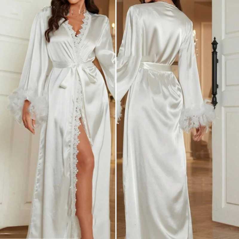 Sexy Lace Bride Wedding Long Robe Dress Luxury Feathers Negligee Kimono Bathrobe Gown Elegant Satin Nightgown Home Dress PAJAMA C251124-image-1085913179