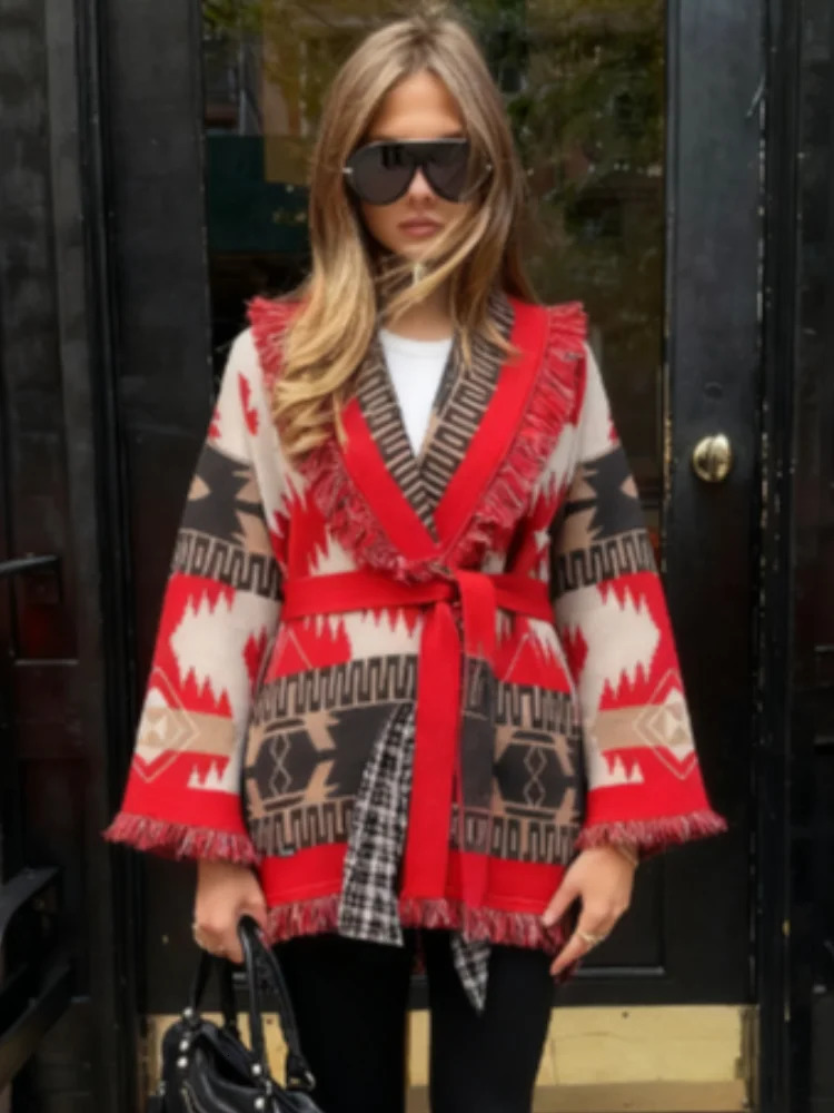 Tassel Patchwork Printed Cardigan Women Geometric Patterns Belts V neck Drop Shoulder Knitted Street Sweaters Autumn Coats 251120