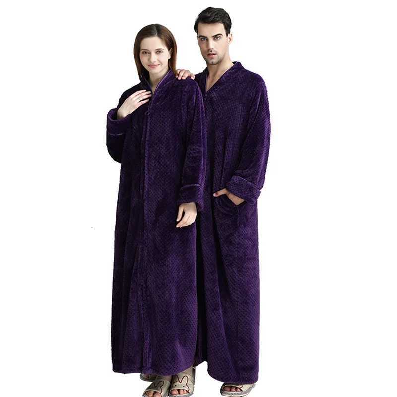 Women Winter Plus Size 40-100KG Long Warm Flannel Hooded Bathrobe Zipper Bath Robe Pregnant Night Dressing Gown Men Sleepwear C251124-image-1085913381
