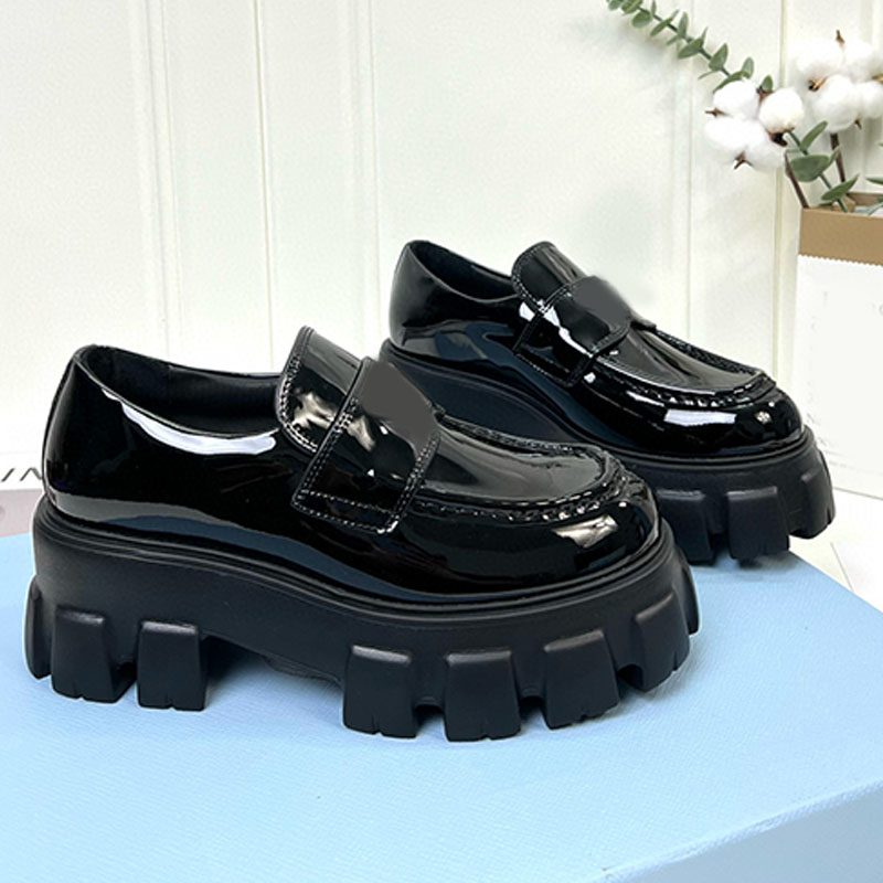 Brushed Leather Monolith Loafers Designer For Mens Womens Black Patent Leather Thick Soled Loafers Soft Sheepskin Lining Classic Retro Style