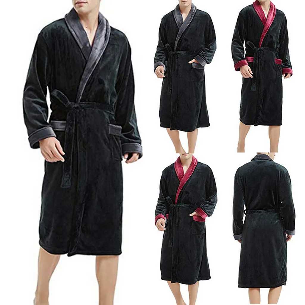 2024 Winter Mens Bathrobe Solid Color Belt Flannel Hooded Bath Robe Pockets Warm Men Nightgown Home Gown Sleepwear Men Clothing C2511245-image-1085952894