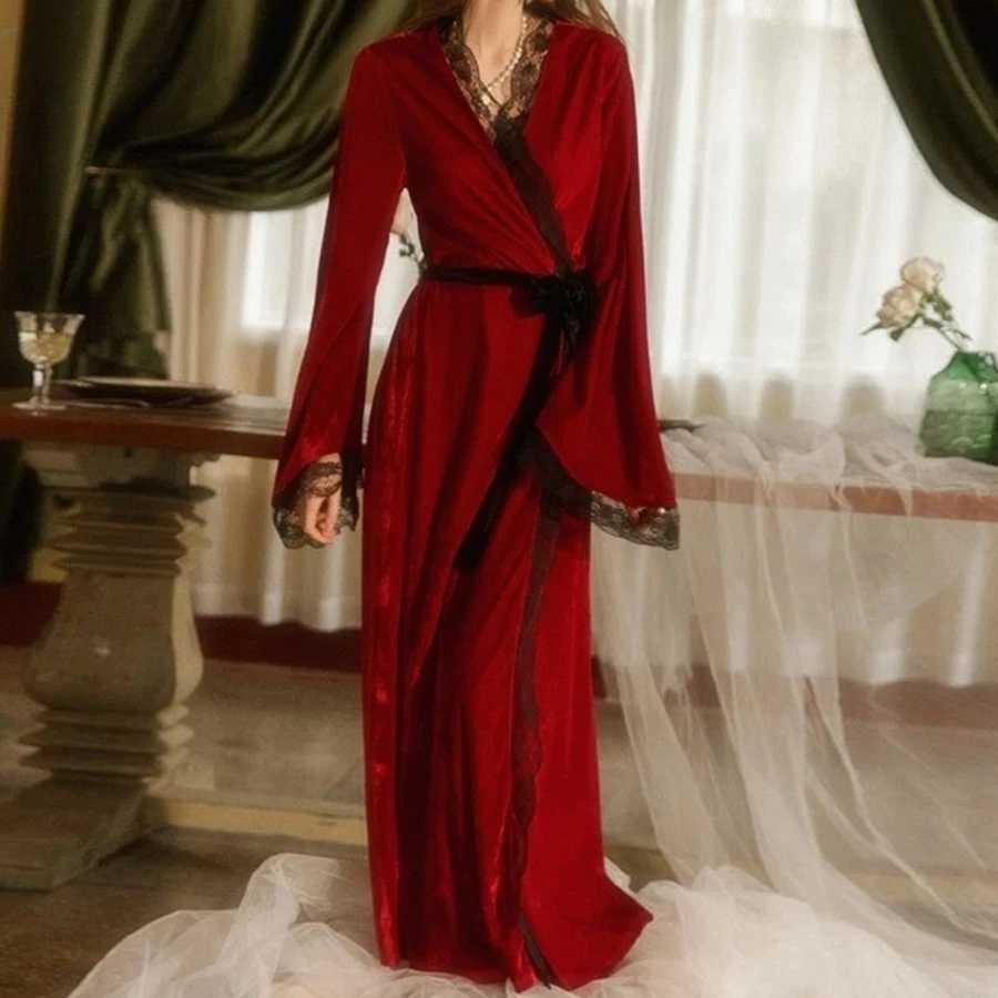 Velvet Robes for Women Long Sleeve Belted Lace Patchwork Trim Bathrobe Soft Loungewear Ladies Sleepwear C251124-image-1085912861