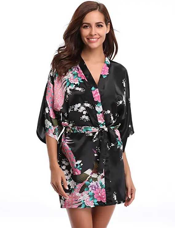 Silk Satin Wedding Bride Bridesmaid Robe Floral Bathrobe Short Kimono Robe Night Robe Bath Robe Fashion Dressing Gown For Women C2511242-image-1085952325