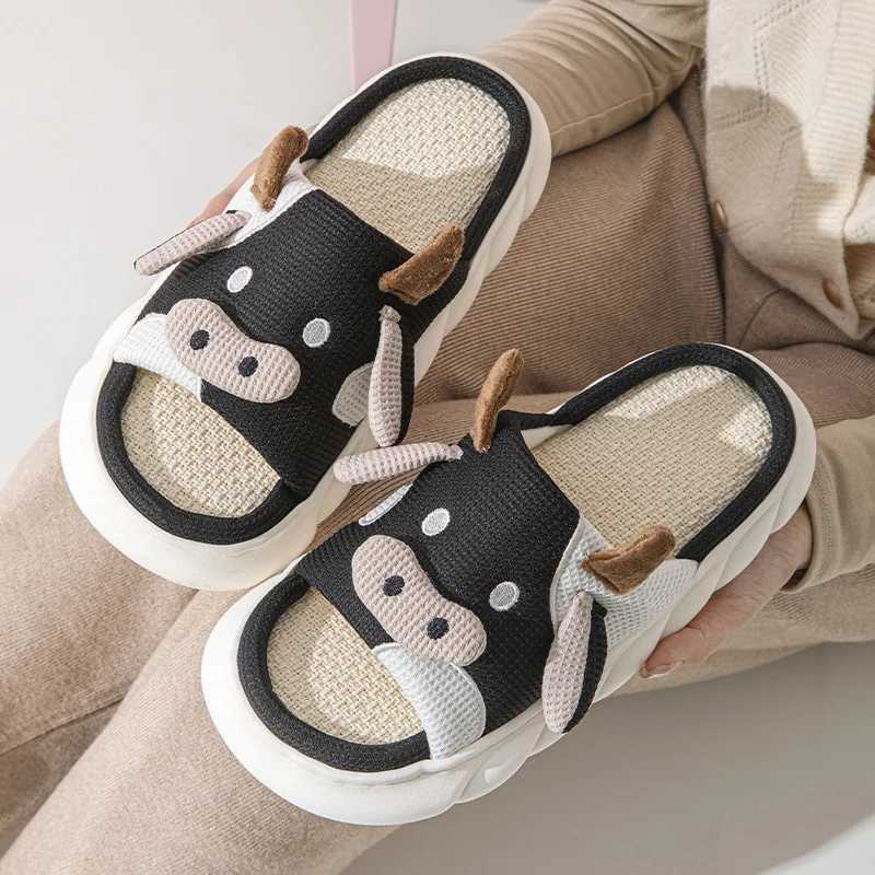 Litfun Thick Bottom Linen Slippers Women Lovely Cartoon Home Slippers Couple Cute Cow Slippers Four Seasons Indoor Flat Slippers T260922