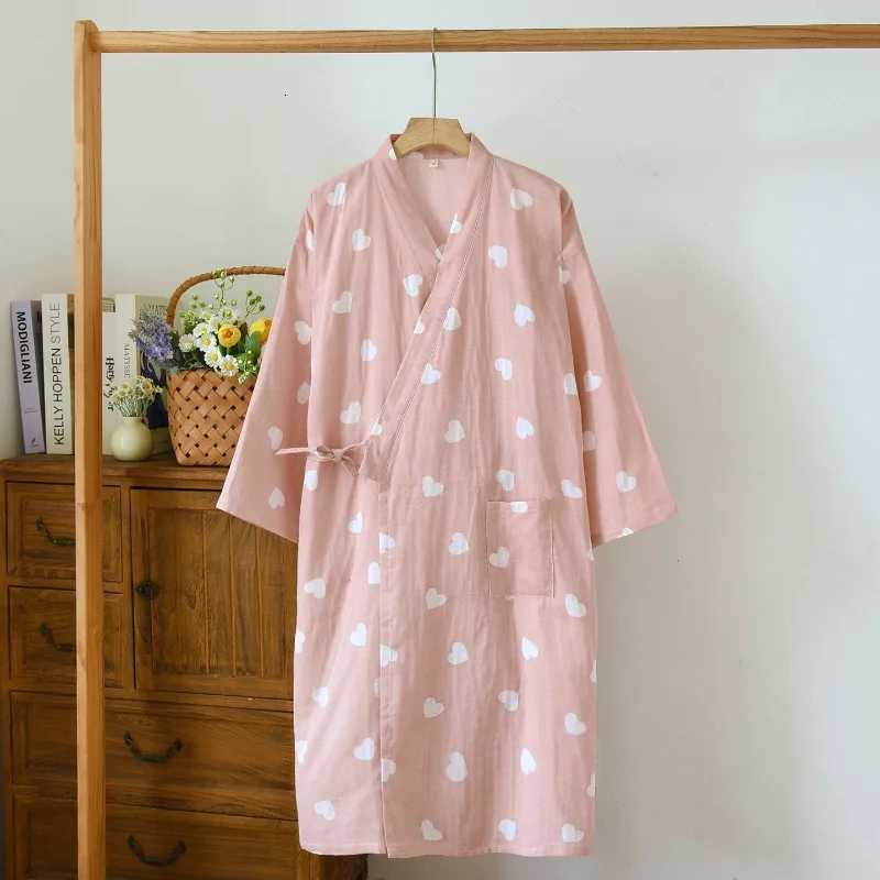 Japanese kimono spring and autumn new ladies night gown 100 cotton gauze robe pajamas flower love bathrobe mid-length home gown C251124-image-1085912923