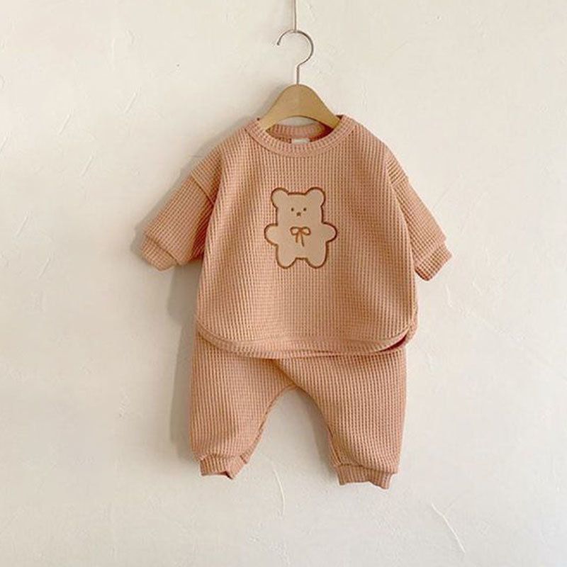 w744 Clothing Sets Children Casual Clothes Set Boys Girls Bear Sweatshirt Pants 2pcs Suit Solid Color Cotton Kids Baby Outfits H251208-image-1087662201