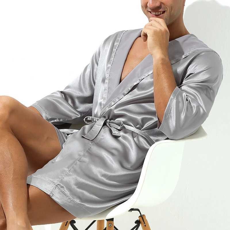 Summer Luxury Bathrobe Men Solid New Silk Pajamas Summer Male Nightgown Silk Bathrobe No Shorts C251124-image-1085913000