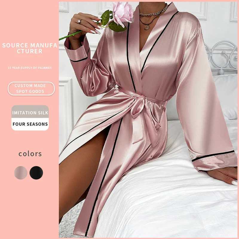 Fashion Sexy Mid Length Silk Nightgown Simple Silk Imitation Home Wear Casual Lace Up Bathrobe Morning Gowns Pajamas for Women C251124-image-1085913148