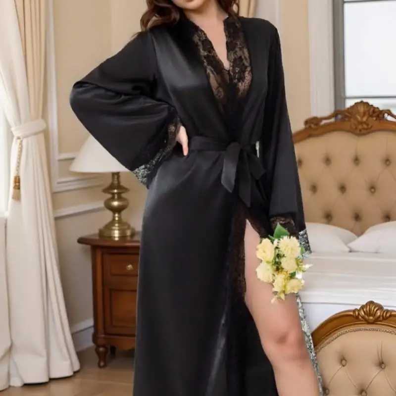 Women Queen Party Robe Gown Satin Sleepwear Lady Long Intimate Lingerie Kimono Bathrobe Lace Trim Bride Wedding Dress Homewear C251124-image-1085913131