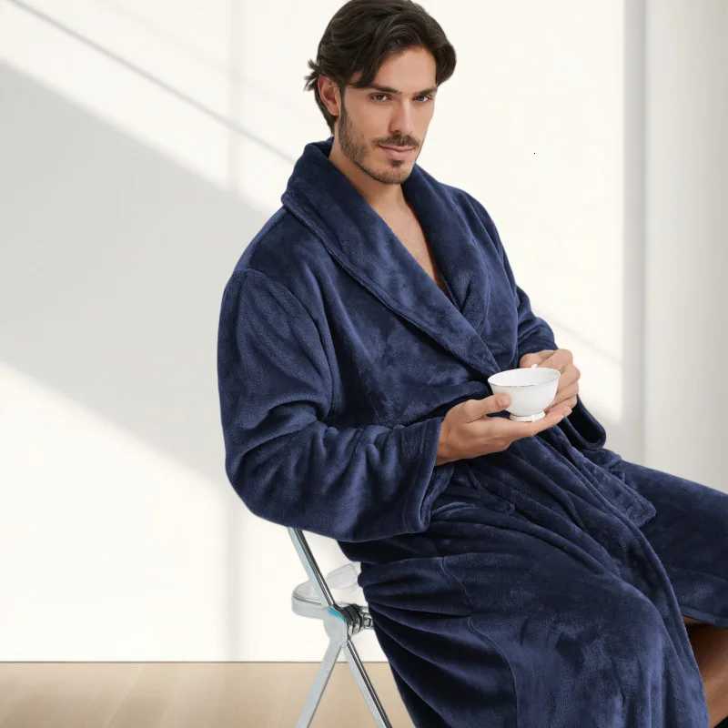 American-Style New Mens Winter Lapel Dressing Gown Couples Bathrobe and Morning Gown Womens Loungewear Flannel Dressing Gown C251124-image-1085913072