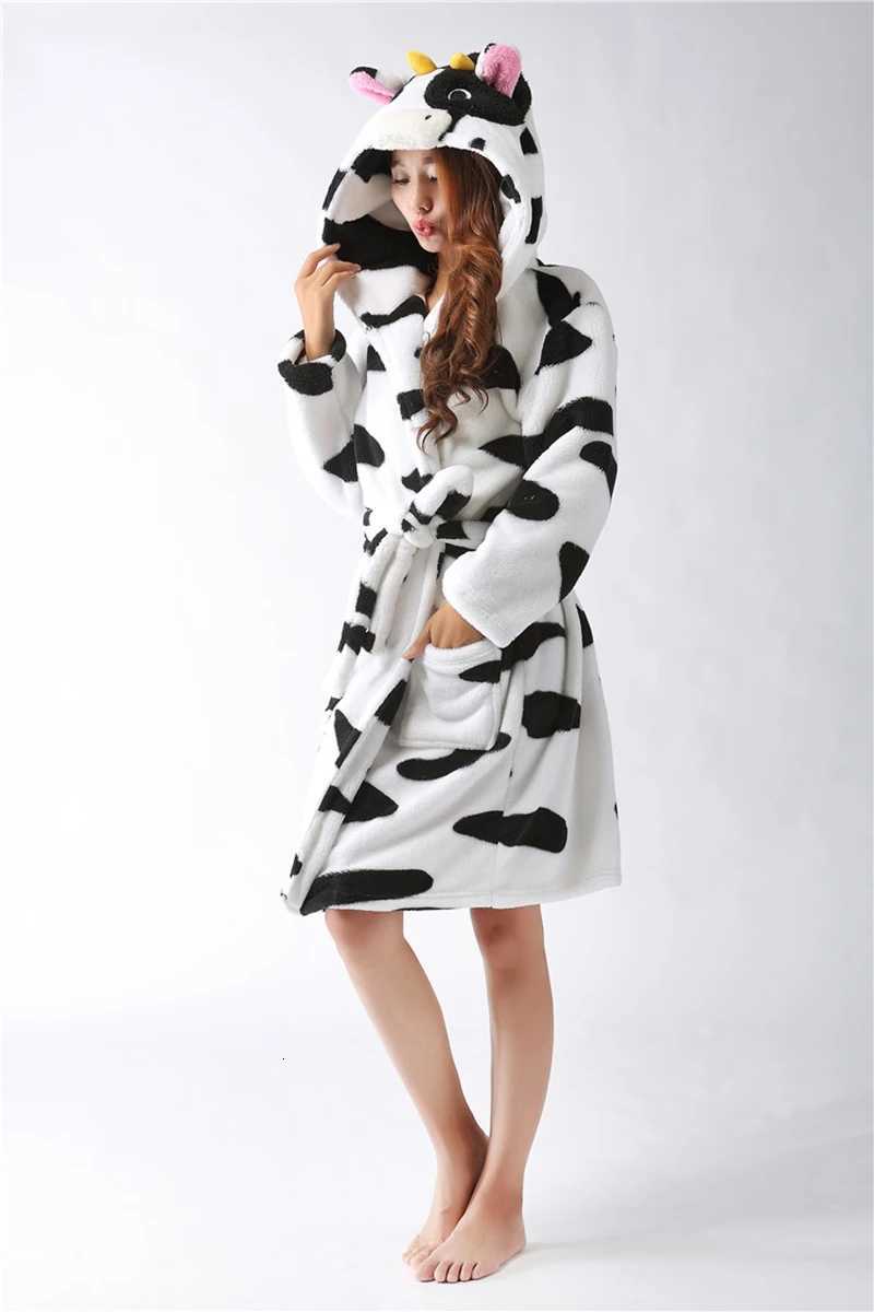 Womens Flannel Sleeping Robe With Milk Cow Print Long-Sleeve Front Belt Hooded Robe Relaxed Fit Cute Sleepwear Bathrobe Pajamas C251124-image-1085913732
