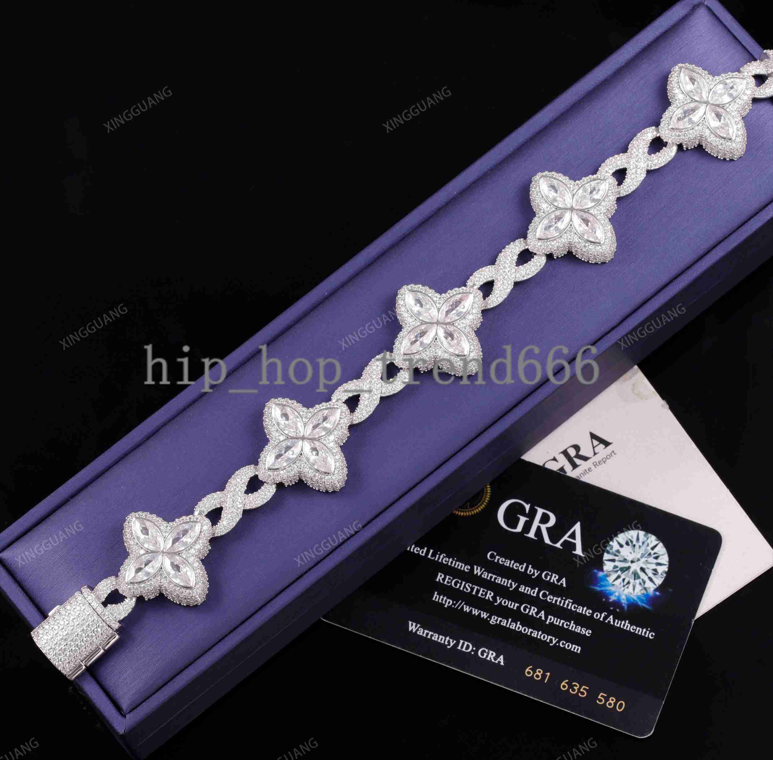 Custom New Fashion Marquise Moissanite Clover Charms Infinity Cuban Links Bracelet Gold Plated S925 Silver Cuban Chain Jewelry