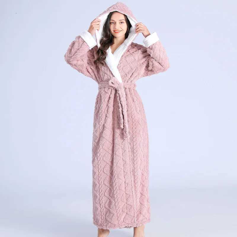 Thick Women Warm Bathrobe Solid Hooded Warm Ladies Dressing Gown Long Sleeve Fleece Pockets Flannel Bath Robe For Female C251124-image-1085912950