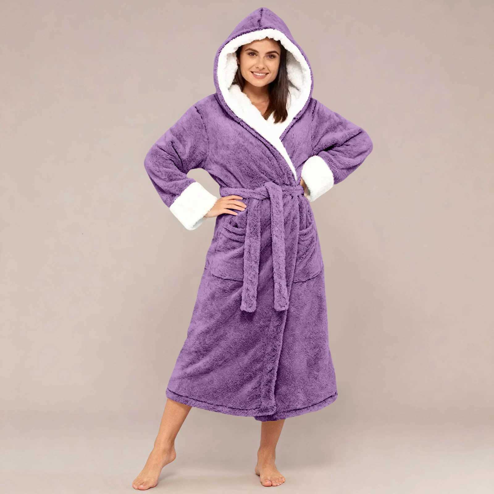 Ladies Fall Winter Coral Fleece Bathrobe Hooded Warm Cozy Shower Robes Solid Long Sleeve Loose Peignoirs Nightgown Home Wear C251124-image-1085912785