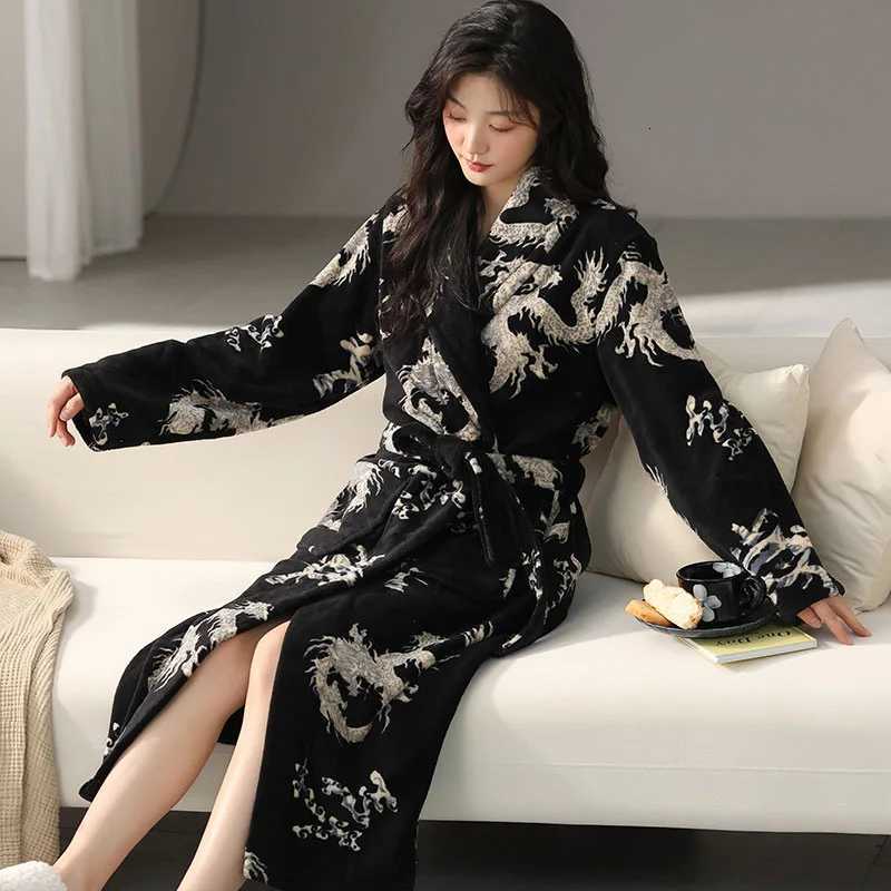 Coral Fleece Kimono Bathrobe Women Winter Thick Keep Warm Casual Flannel Long Robe Sleepwear Plush Lounge Nightgown Loungewear C251124-image-1085913554