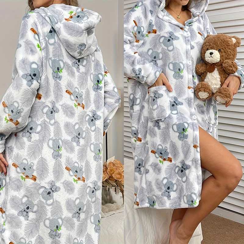 Cute Lazy Nightgown Women Flannel Kimono Bathrobe Single Breasted Hooded Nightwear Cartoon Print Sleepwear Warm Pajamas Robes C251124-image-1085913396