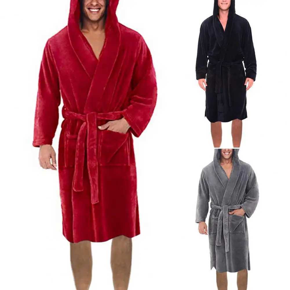 Men Bathrobe Fleece Nightgown Autumn Adult Bath Robe Sashes V-Neck Robe Pajamas Coral Fleece Long Bathrobe Pockets Nightgown C251124-image-1085913110