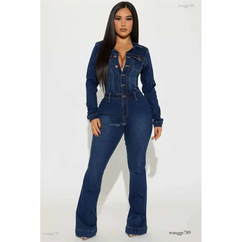 Strtwear Jeans Jumpsuits Autumn Clothes Women 2024 Full Sve Flare Pants Denim Rompers Playsuits One Pieces Overalls Outfit W250306
