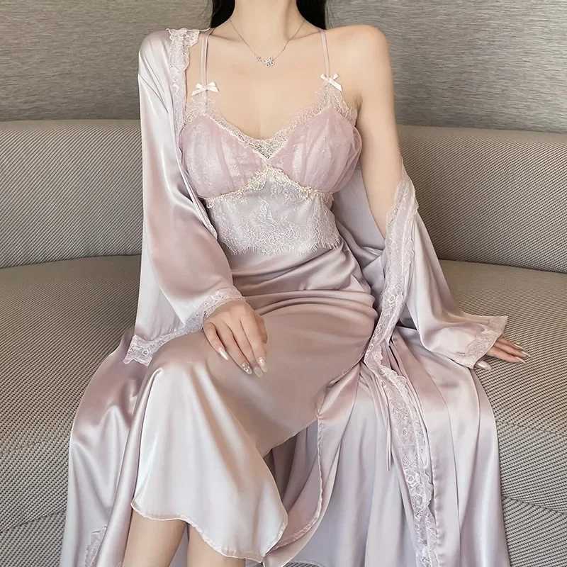 Elegant Long Robe Suit Sexy Home Dressing Gown Lace Trim Kimono Bathrobe Backless Nightyrobe Set Intimate Lingerie Nightgown C251124-image-1085913173