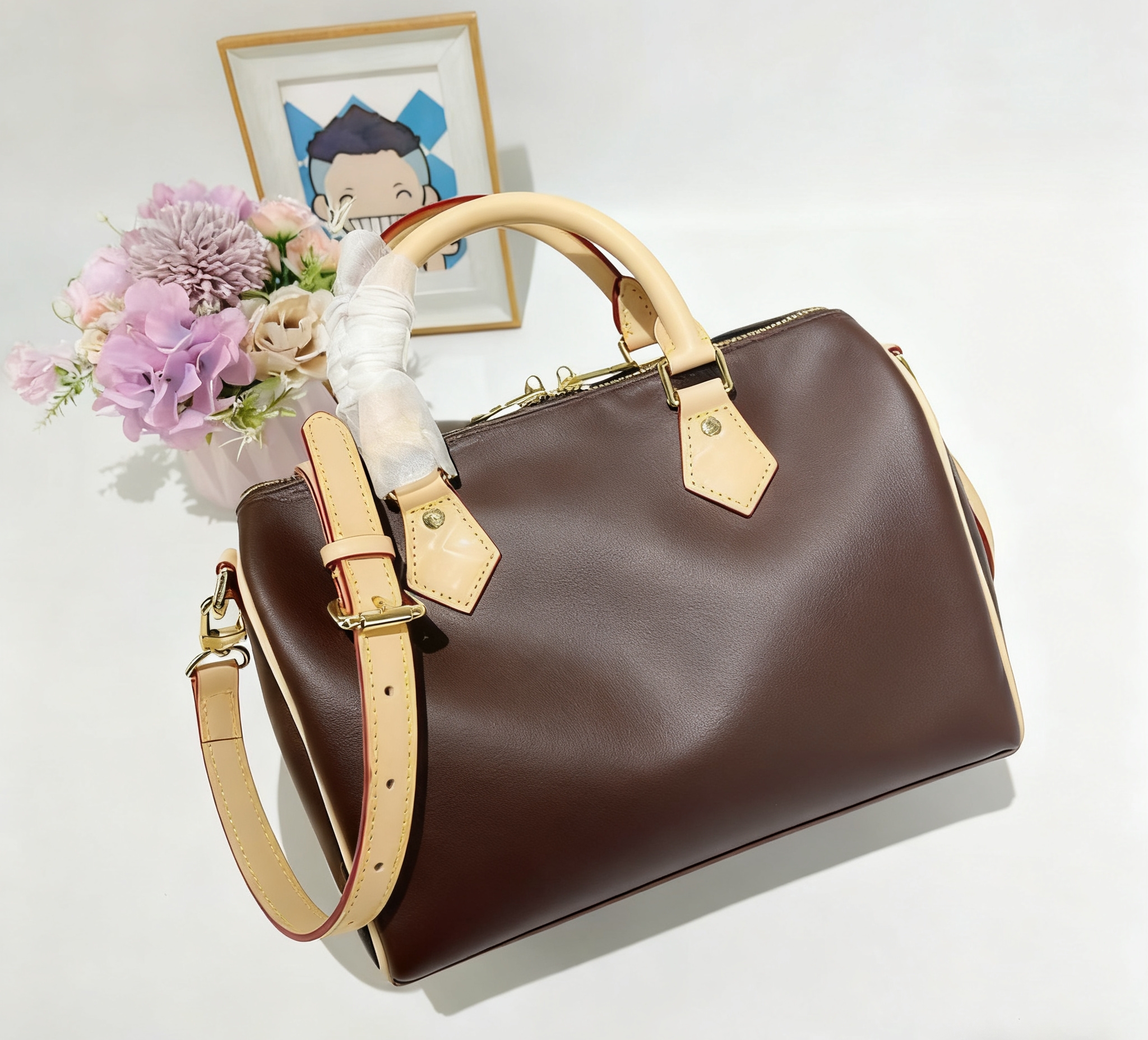 Cafe Grid Boston Pillow Bag Luxury Retro Genuine Leather Fashion LL25924
