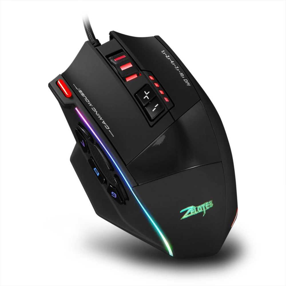 Zelotes C-13 Wired Gaming Mouse 13 Keys 10000DPI RGB Light Mouse Belt 128KB Car Memory Built in Counterweight Mechanism S25423-image-1054910160