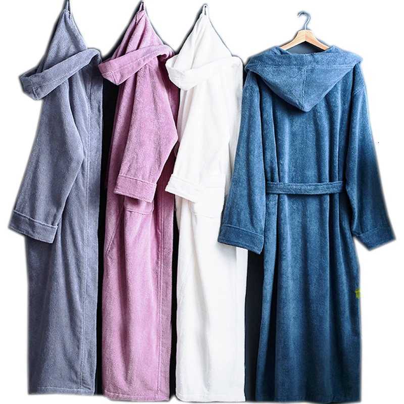 Autumn Winter Thick Pure Cotton Plain Color Bathrobes Sleepwear Robes Unisex Long-sleeve Absorbent Terry Bathrobe Hooded Pijamas C251124-image-1085913588