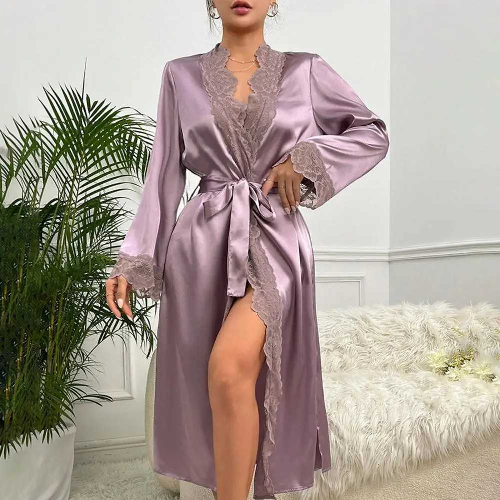 Womens Satin Robe Lace Trim Silky Kimono Bathrobe Bridesmaids Pajama Robe Wedding Party Loungewear Long Sleeve V Neck Sleepwear C251124-image-1085913139
