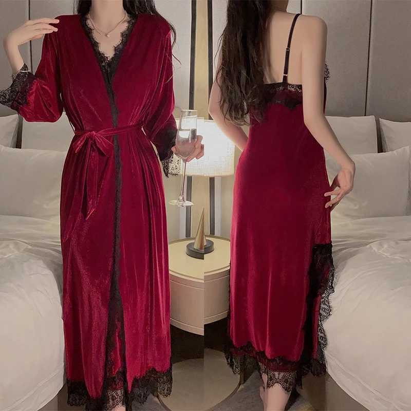 Women Warm Velour Homewear Long Kimono Robe Cami Sleepwear Burgundy Bathrobe Set Sexy Nightgown Winter Robe Suit Loungewear C251124-image-1085913507
