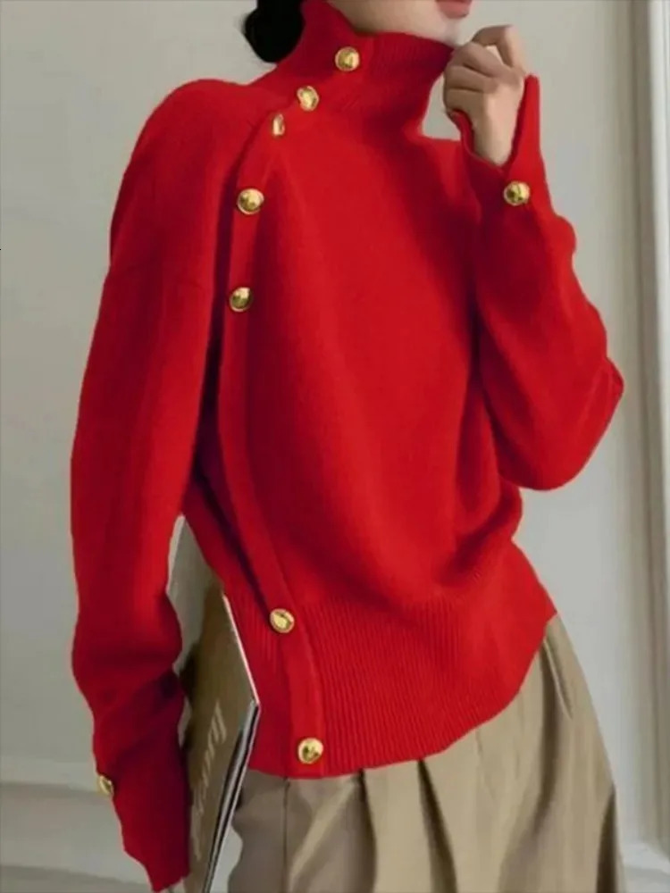 Womens Turtleneck Red Sweater Autumn Winter Long Sleeve Loose Fashion Gold Buttoned Elegant Casual Office Knitted Pullover Tops 251120