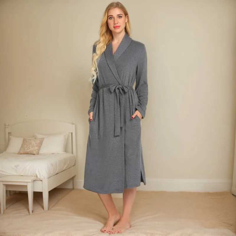 Autumn Winter 2025 Solid Color Long Sleeve Womens Sleepwear Bathrobe Pockets Pijama with Belt Women Loungewear C251124-image-1085913644