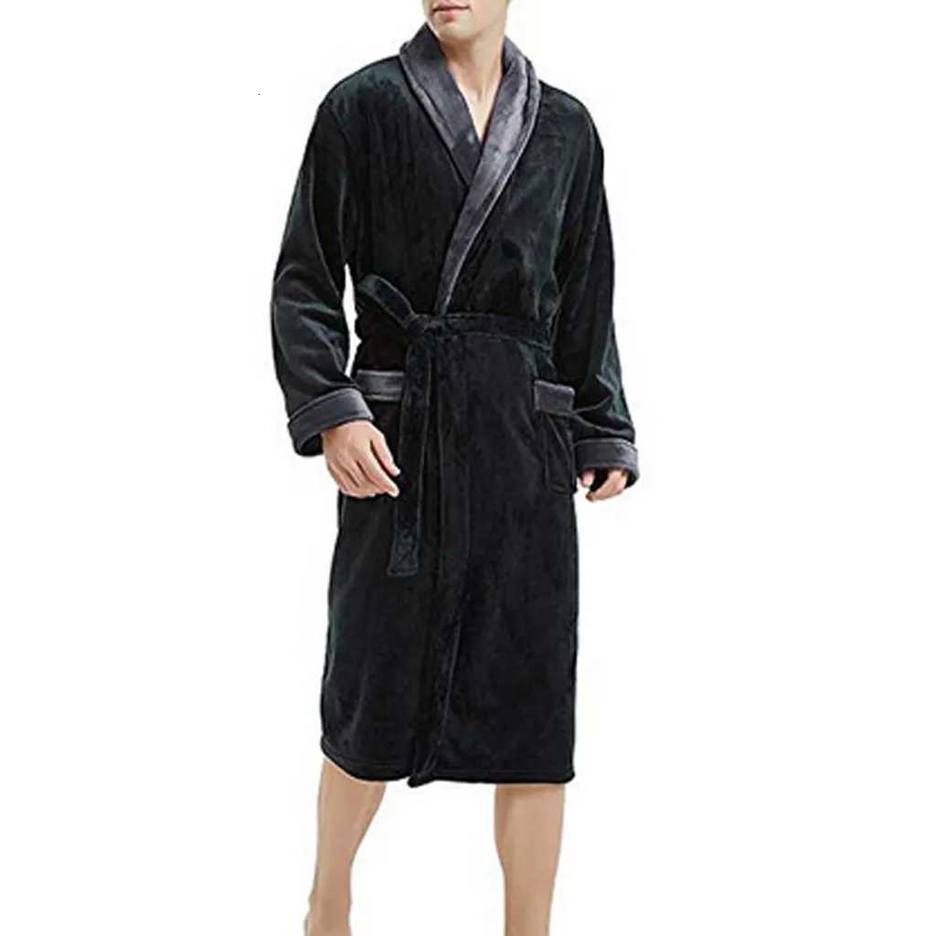 2024 Winter Mens Bathrobe Solid Color Belt Flannel Hooded Bath Robe Pockets Warm Men Nightgown Home Gown Sleepwear Men Clothing C251124-image-1085913707