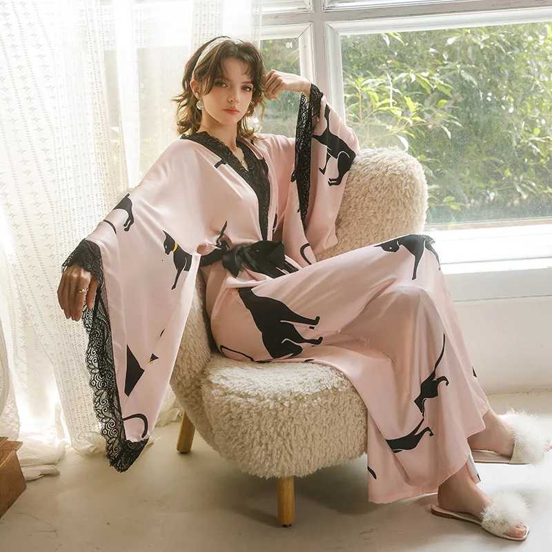 2025 Autumn New Robe Satin Sleepwear Women Elegant Pink Leopard Kimono Gown Big Sleeve Nightwear Nightgown Long Bathrobe C251124-image-1085912783