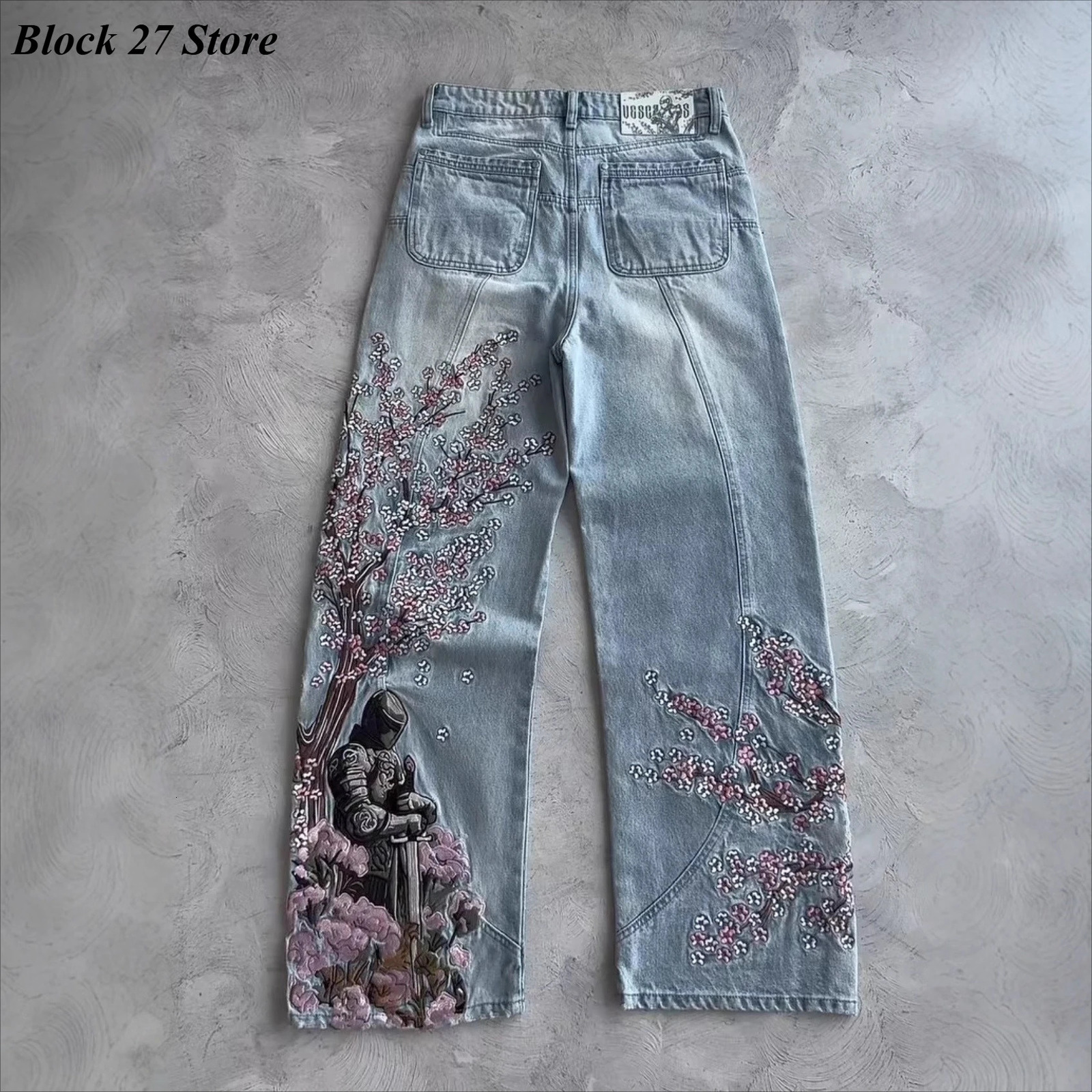 Mens Jeans Y2K Vintage Streetwear Light Blue Wide Leg Denim Pants Embroidery Knight Sakura Flower Washed Loose Fit Retro Style 251106 a7