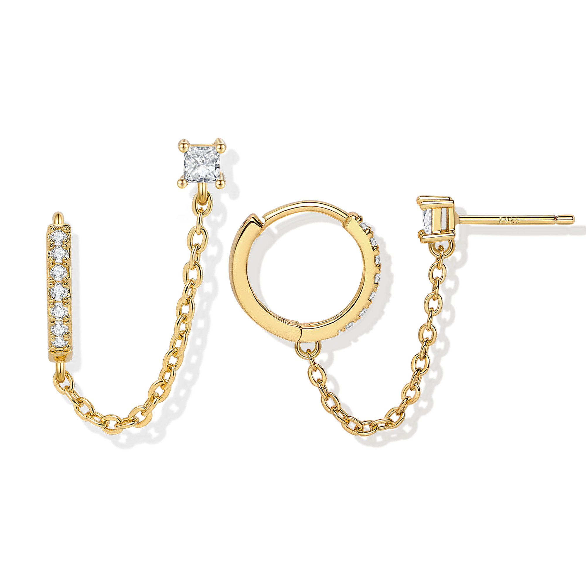 Dangling Chain Huggie Hoops | S925 Sterling Silver 18k Gold Plated Double-Piercing Earrings with Sparkling CZ Studs-image-1085985334