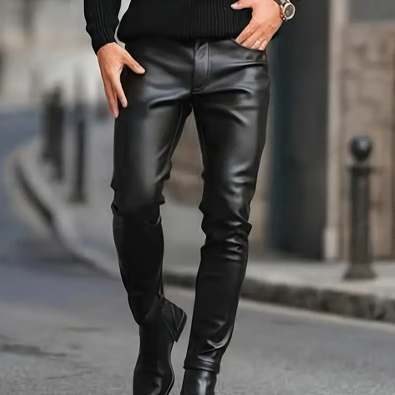 Mens Tight PU Leather Pants Outdoor Riding Windproof Leather Pants Solid Color Mid-Waist Straight-Leg Pants 250614