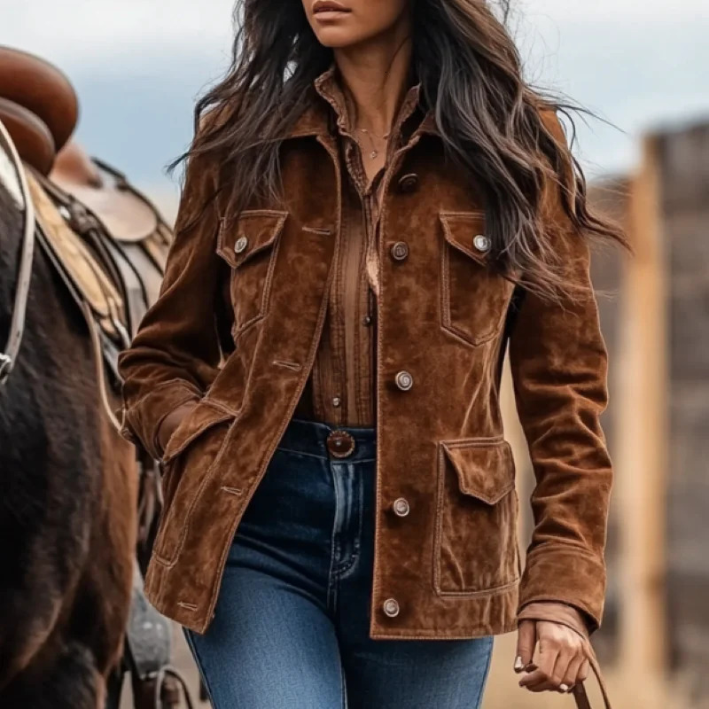 2025 Womens Vintage Suede Lapel Collar Jacket Multi Pocket Military Style Coat Autumn Winter Warm Outerwear Workwear Fas 251124 0e f5