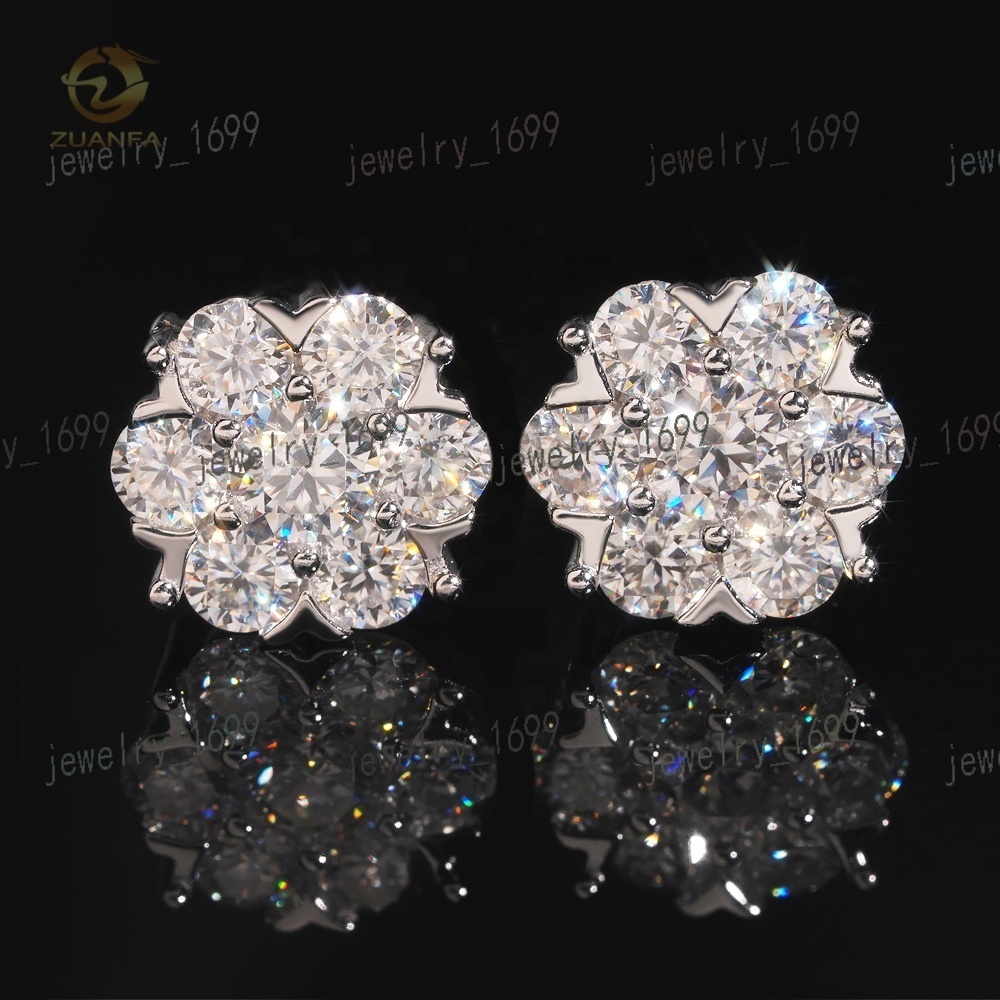 High Quality Shining Bling Flower Hip Hop 925 Silver Diamond Stud Moissanite Earrings