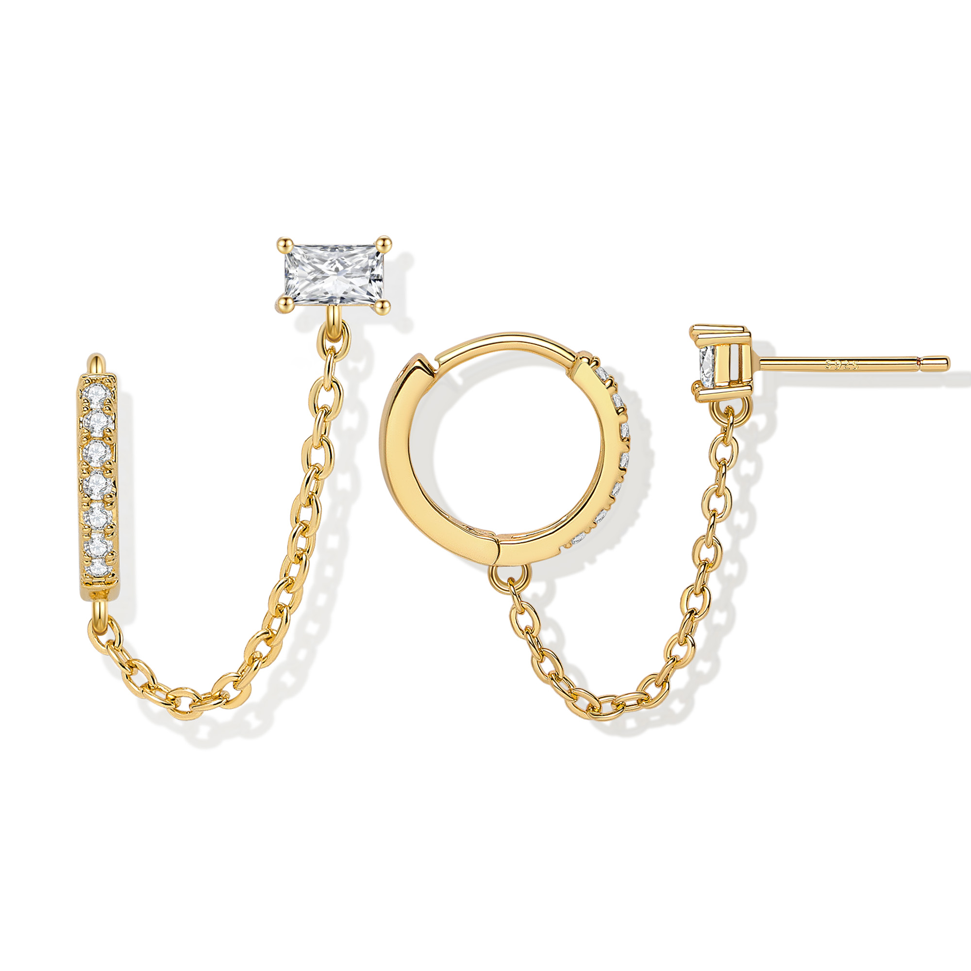 S925 Sterling Silver 18K Gold Plated Double Piercing Dangle Chain Huggie Hoops - Women's Exquisite Zircon Stud Earrings-image-1085985251